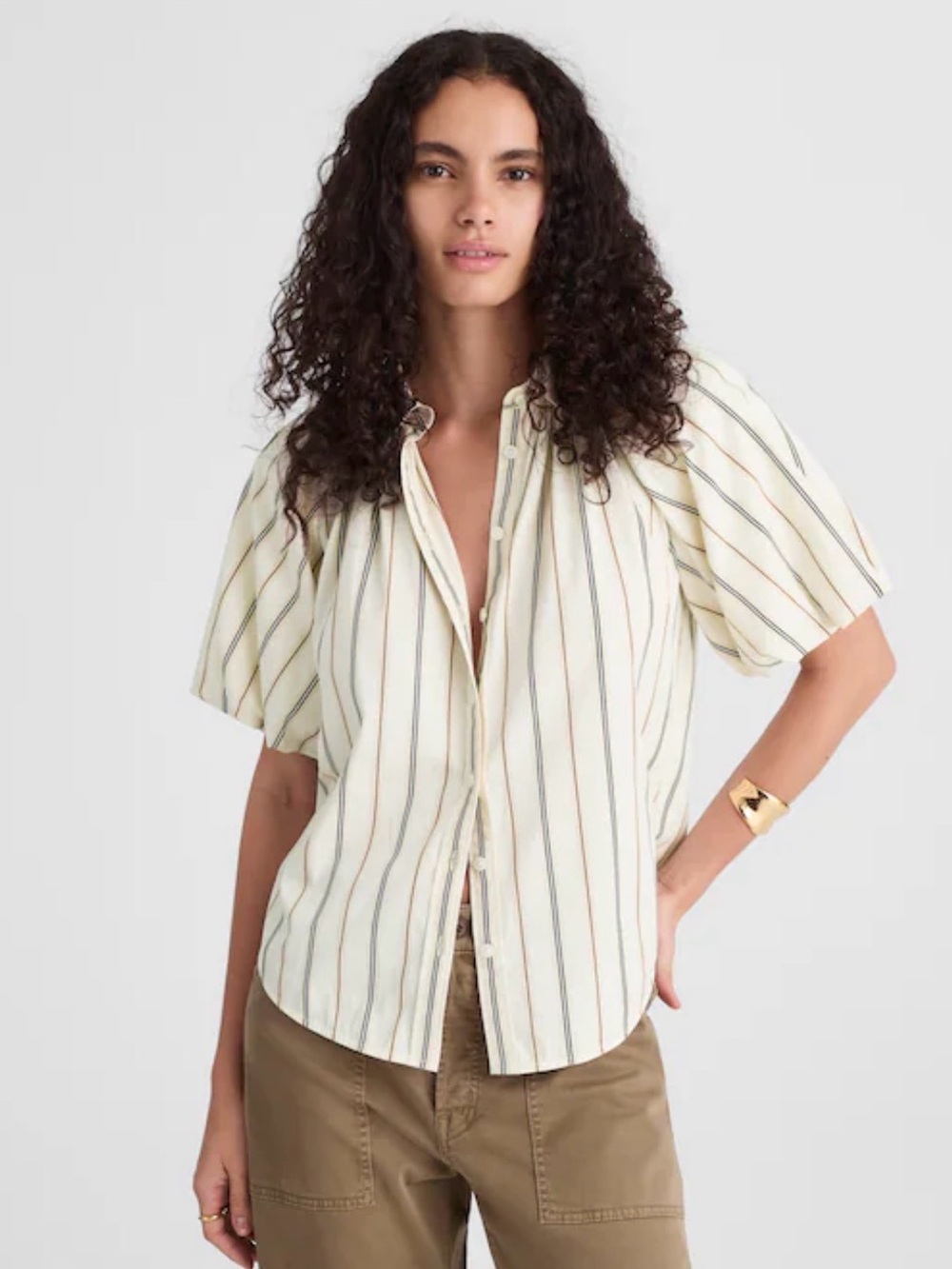 Madewell Women’s White Striped Puff-Sleeve Button-Up Shirt